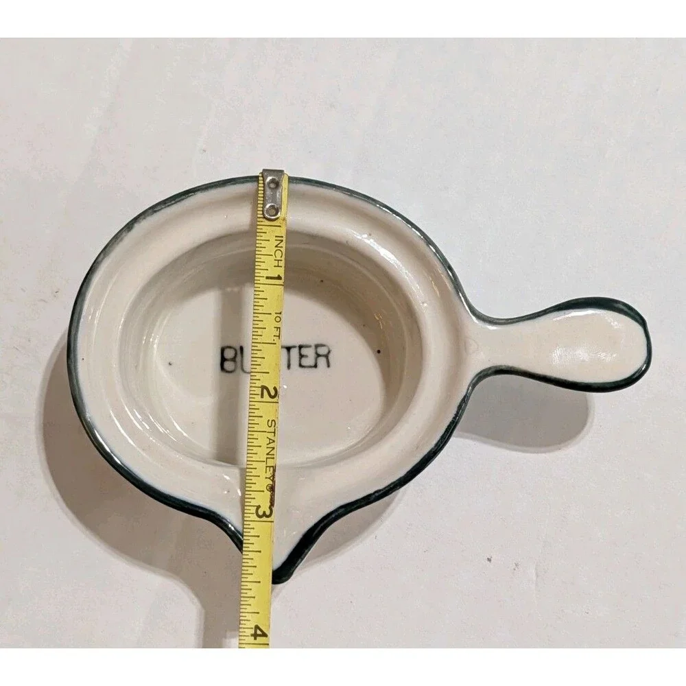 Ceramic Butter Melting Pot Dipping Dish With Spout & Handle White Black Rim
